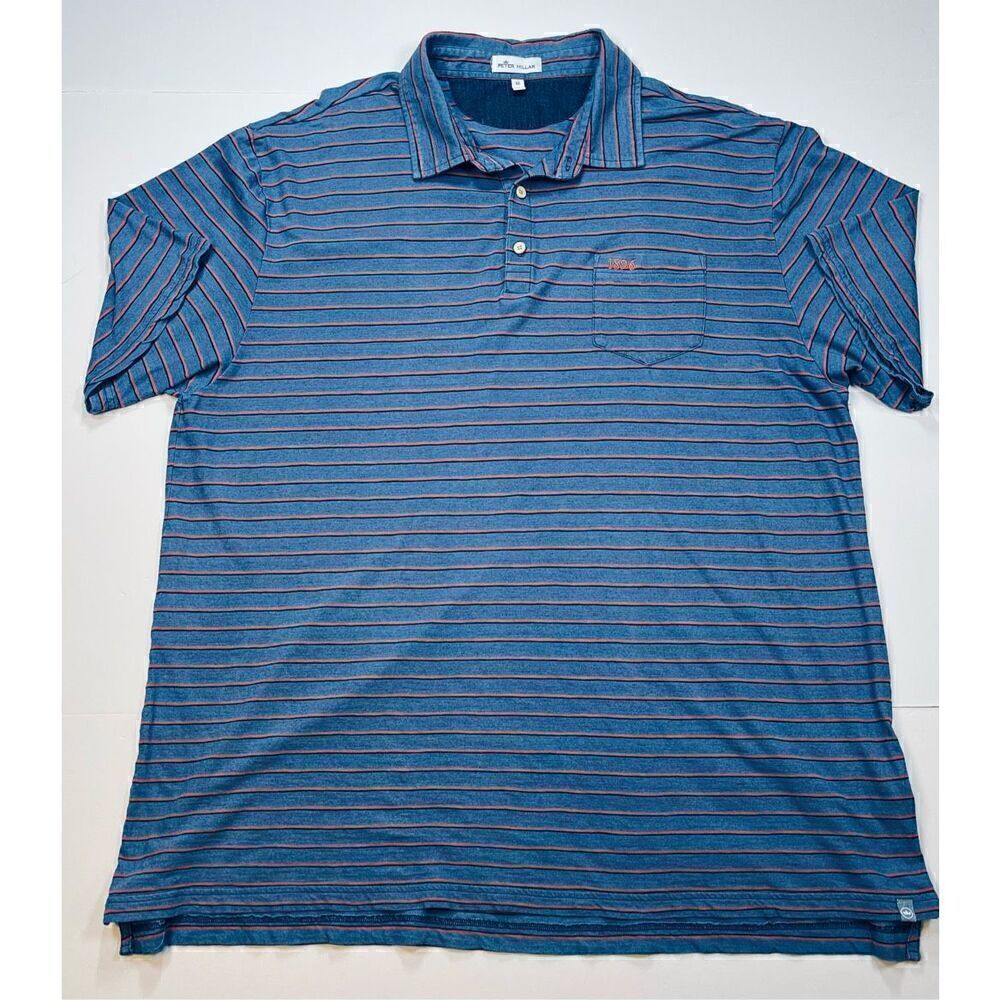 Peter Millar Polo w Pocket 100% Cotton 1896 Embroidered Blue Re Stripe Size XL